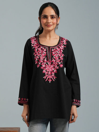 Black Kashmiri Aari Embroidered  Rayon Kurta