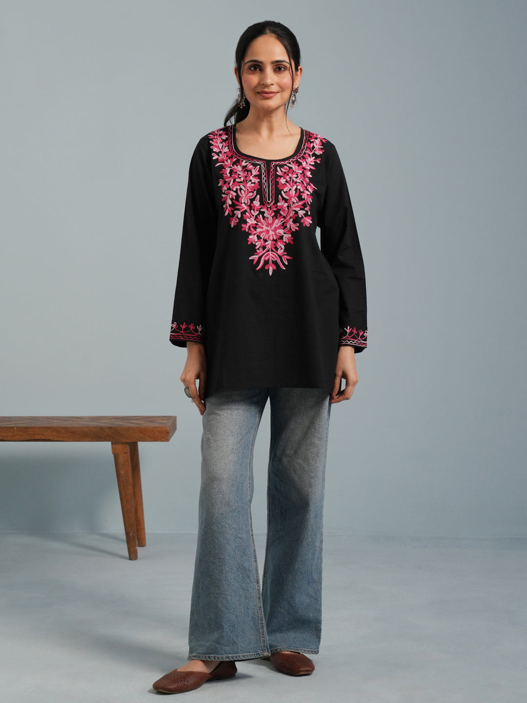 Black Kashmiri Aari Embroidered  Rayon Kurta