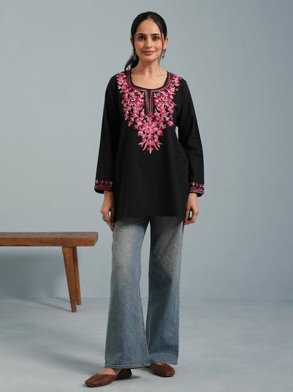 Black Kashmiri Aari Embroidered  Rayon Kurta