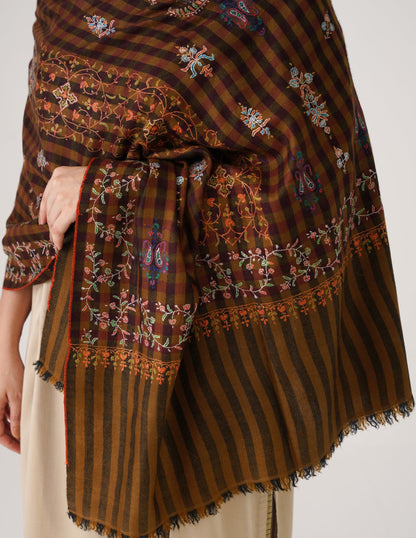 Kashmiri Handwoven Pashmina Sozni Stole Striped Modern – Mustard &amp; Black | Handwoven Heritage