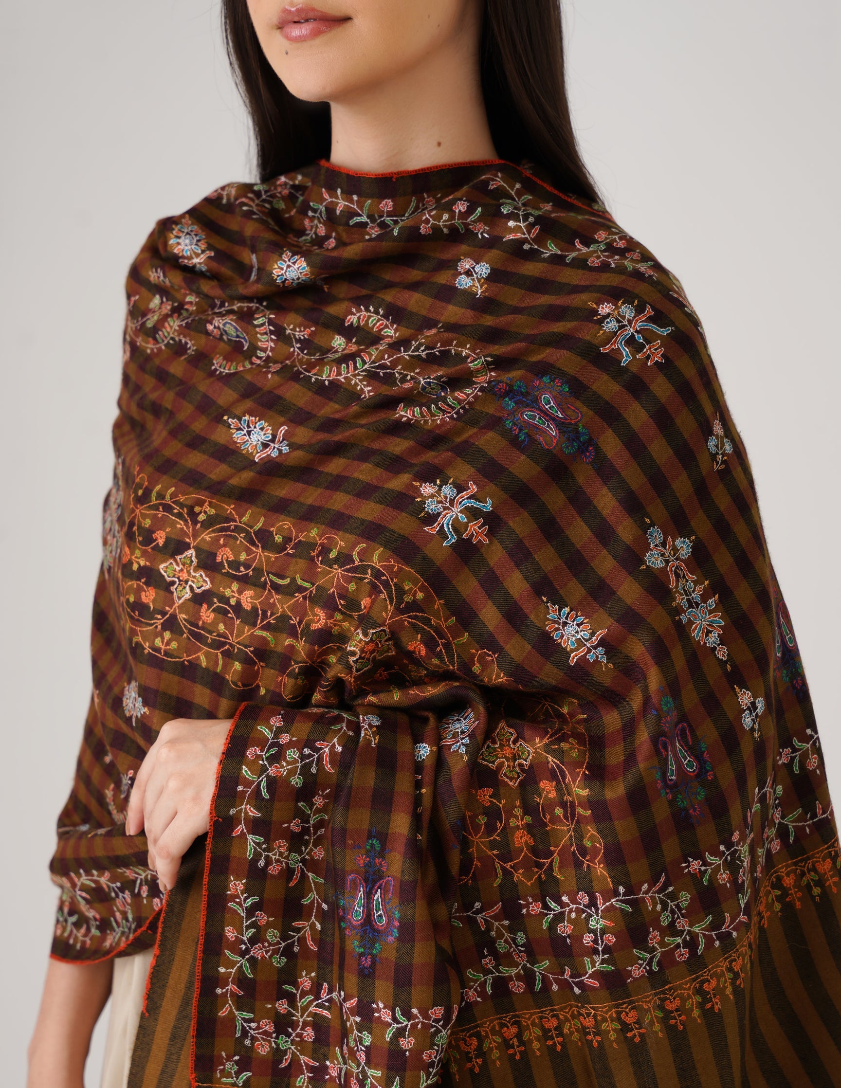 Kashmiri Handwoven Pashmina Sozni Stole Striped Modern – Mustard &amp; Black | Handwoven Heritage