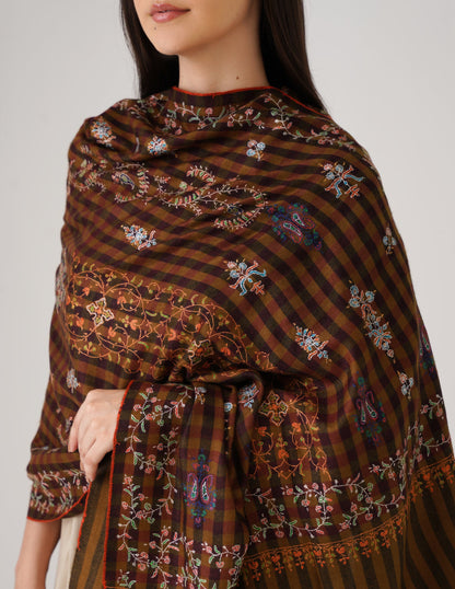 Kashmiri Handwoven Pashmina Sozni Stole Striped Modern – Mustard &amp; Black | Handwoven Heritage