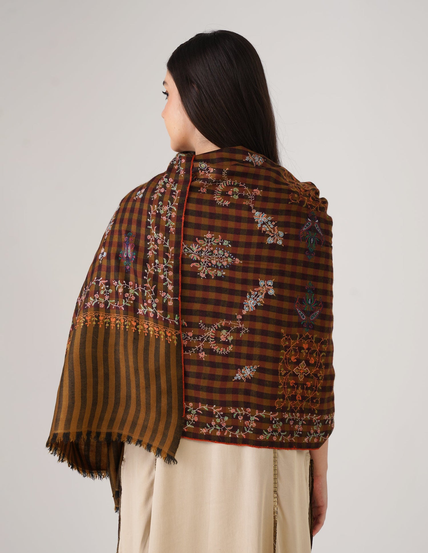 Kashmiri Handwoven Pashmina Sozni Stole Striped Modern – Mustard &amp; Black | Handwoven Heritage