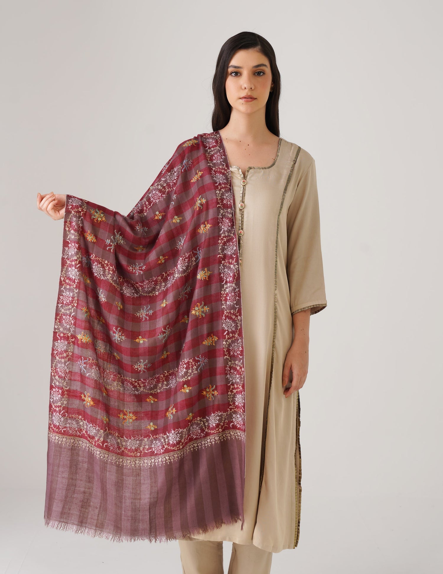 Kashmiri Handwoven Pashmina Sozni Stole Modern Check – Brown &amp; Maroon | Handwoven Heritage