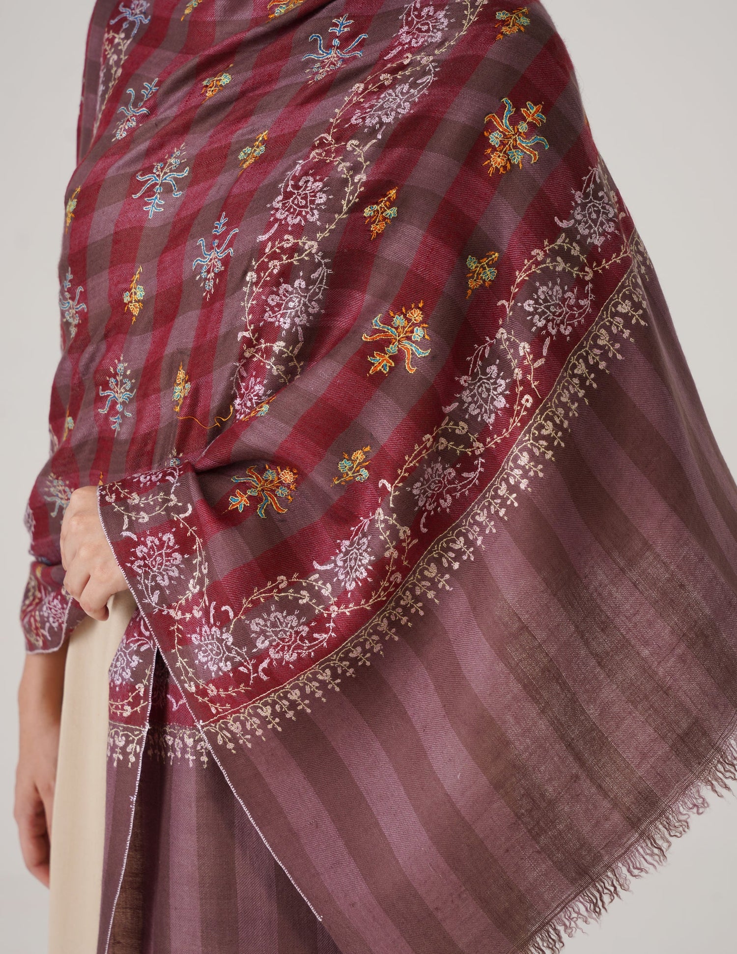 Kashmiri Handwoven Pashmina Sozni Stole Modern Check – Brown &amp; Maroon | Handwoven Heritage