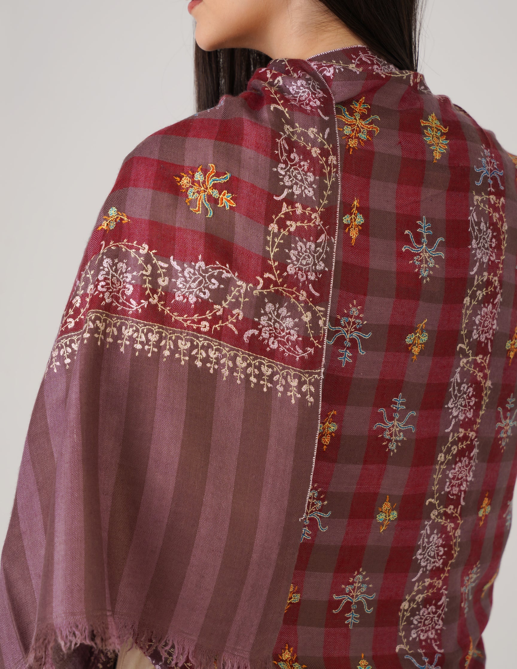 Kashmiri Handwoven Pashmina Sozni Stole Modern Check – Brown &amp; Maroon | Handwoven Heritage