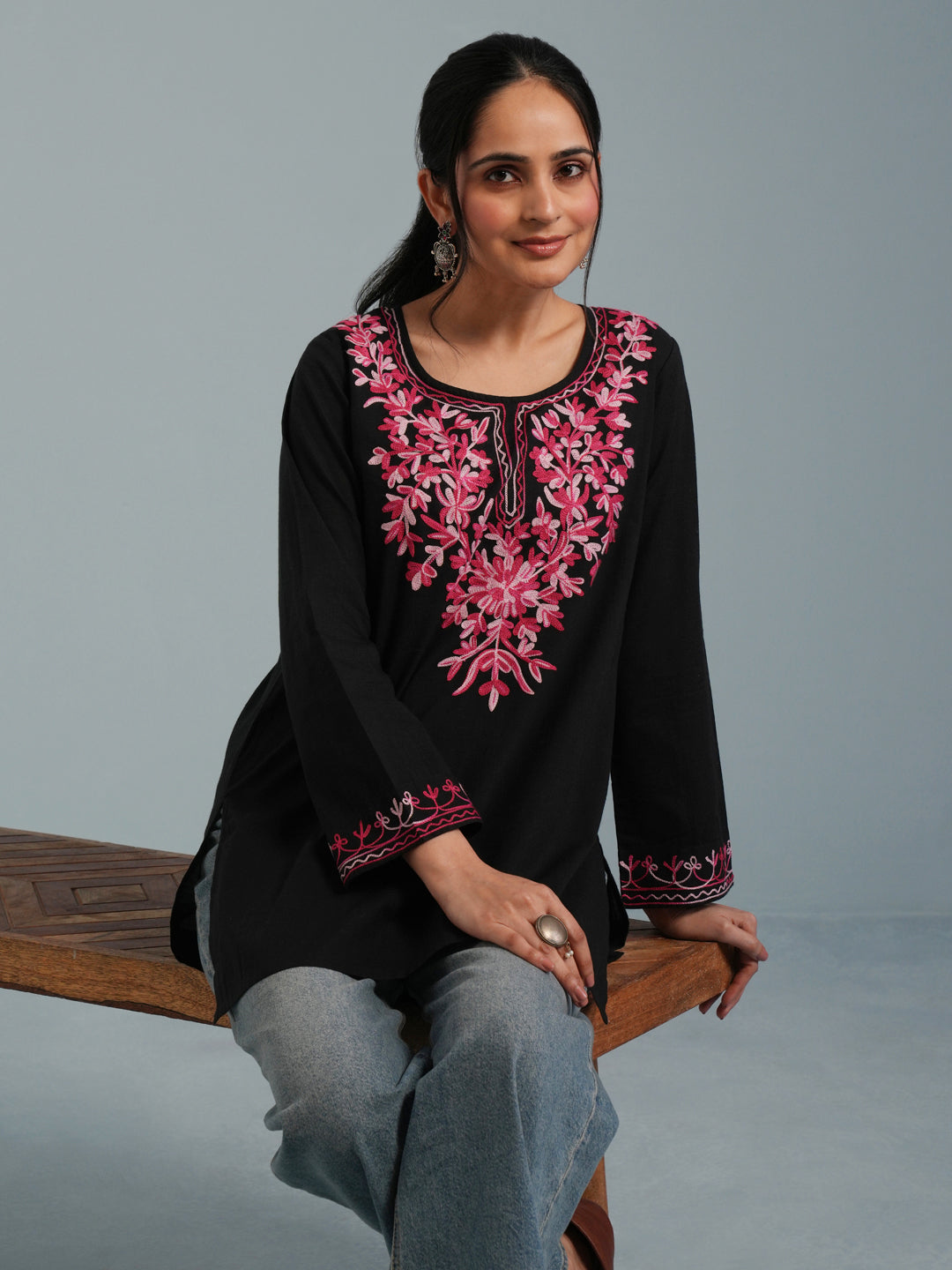 Black Kashmiri Aari Embroidered  Rayon Kurta