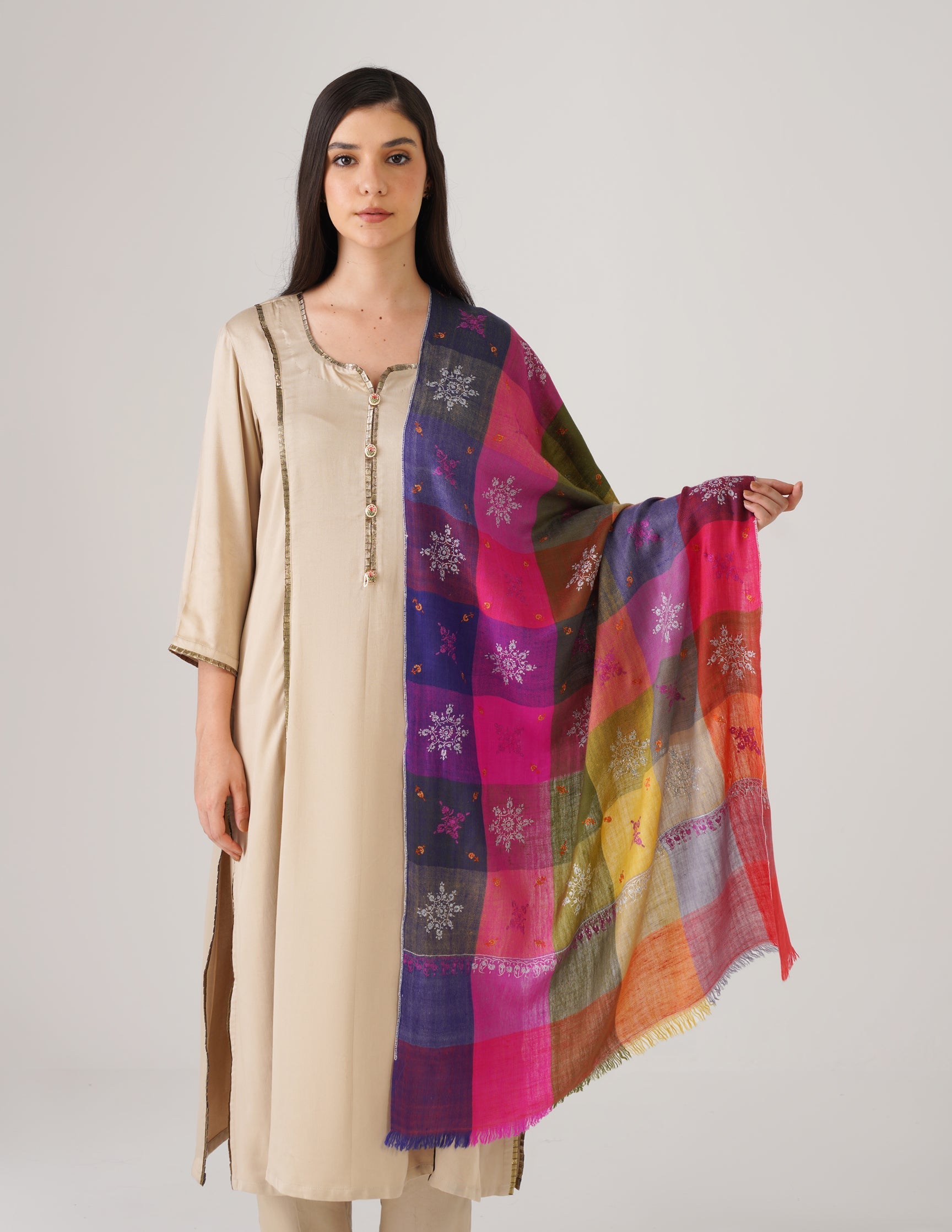 Kashmiri Handwoven Pashmina Sozni Stole Modern Check – Multicoloured | Handwoven Heritage
