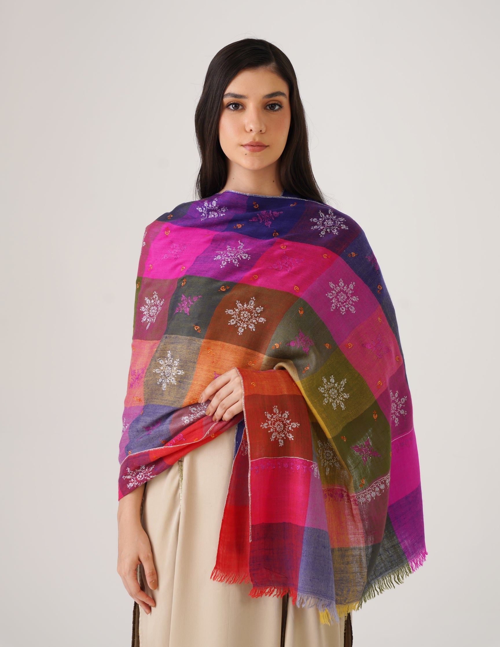 Kashmiri Handwoven Pashmina Sozni Stole Modern Check – Multicoloured | Handwoven Heritage
