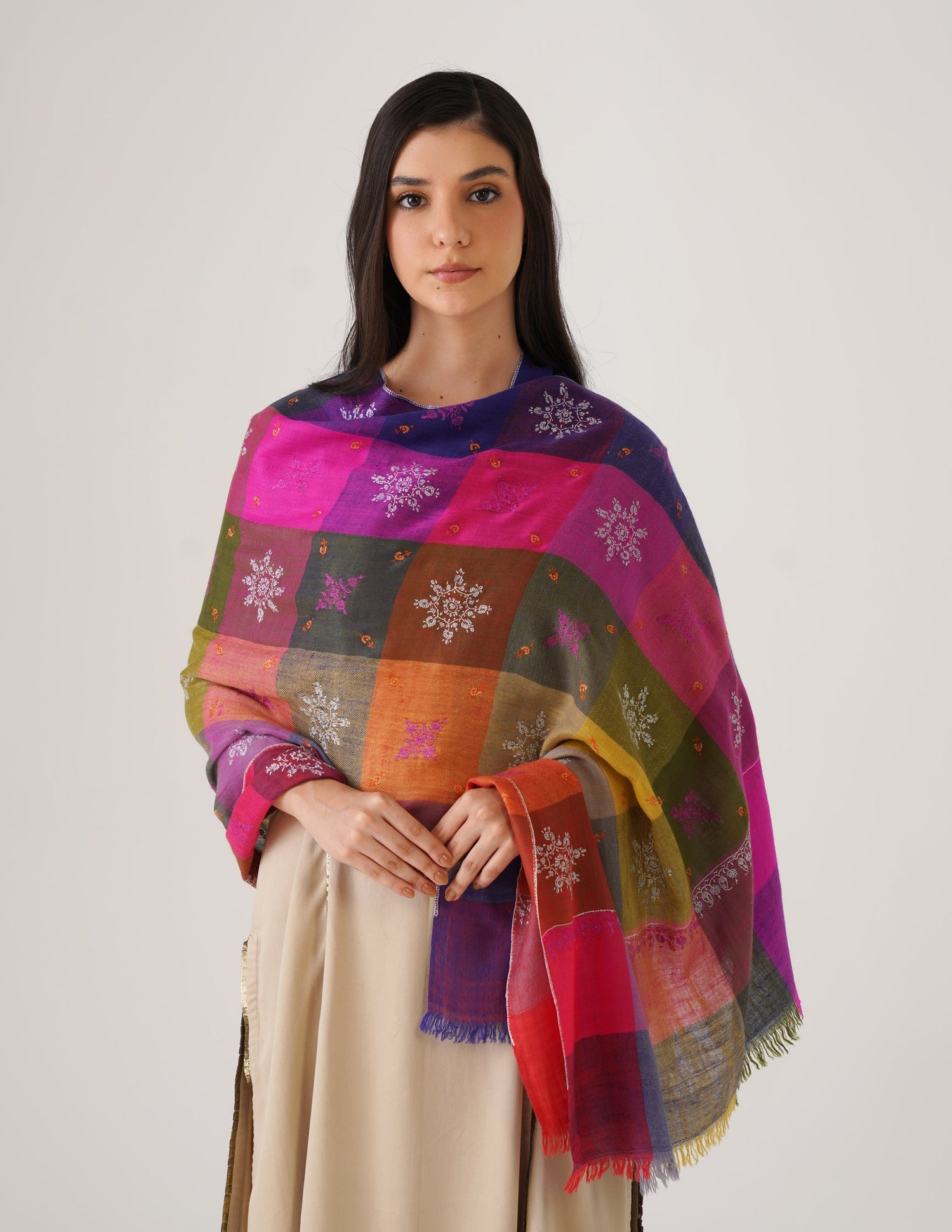 Kashmiri Handwoven Pashmina Sozni Stole Modern Check – Multicoloured | Handwoven Heritage