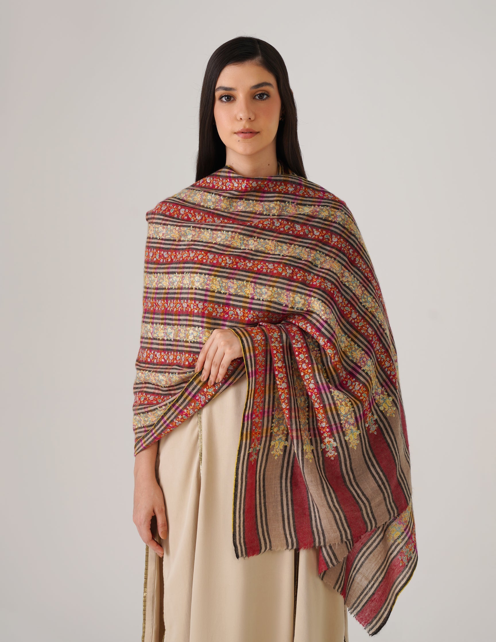 Kashmiri Handwoven Pashmina Sozni Stole Striped Khatiraas – Multicoloured | Handwoven Heritage