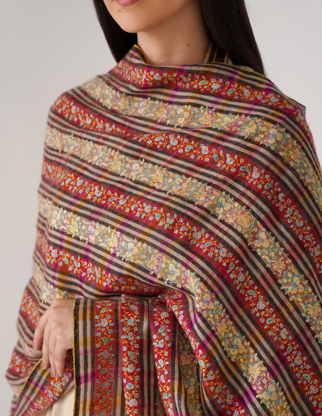Kashmiri Handwoven Pashmina Sozni Stole Striped Khatiraas – Multicoloured | Handwoven Heritage