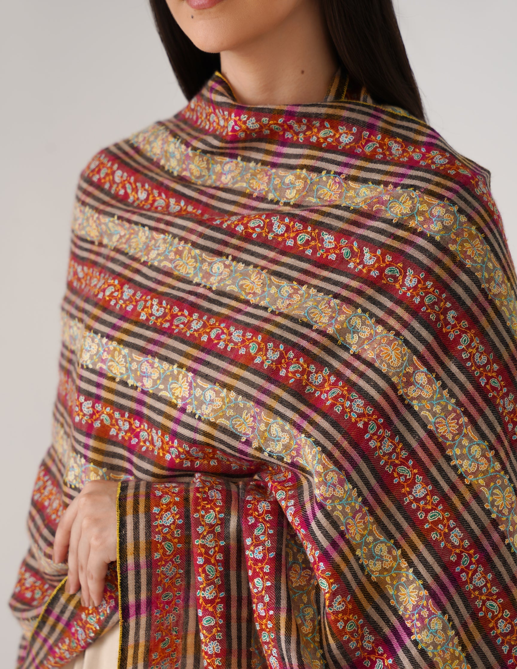 Kashmiri Handwoven Pashmina Sozni Stole Striped Khatiraas – Multicoloured | Handwoven Heritage