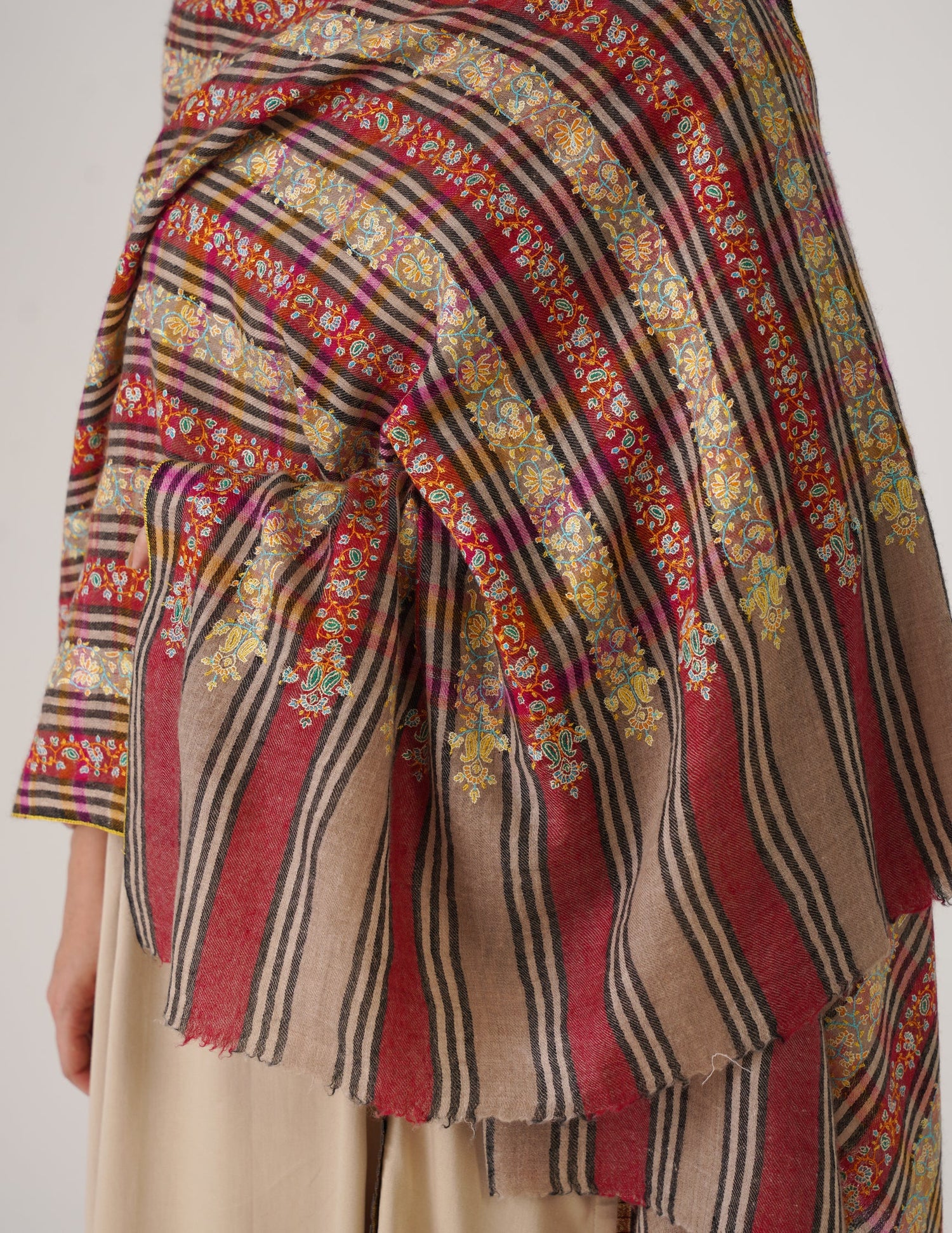 Kashmiri Handwoven Pashmina Sozni Stole Striped Khatiraas – Multicoloured | Handwoven Heritage