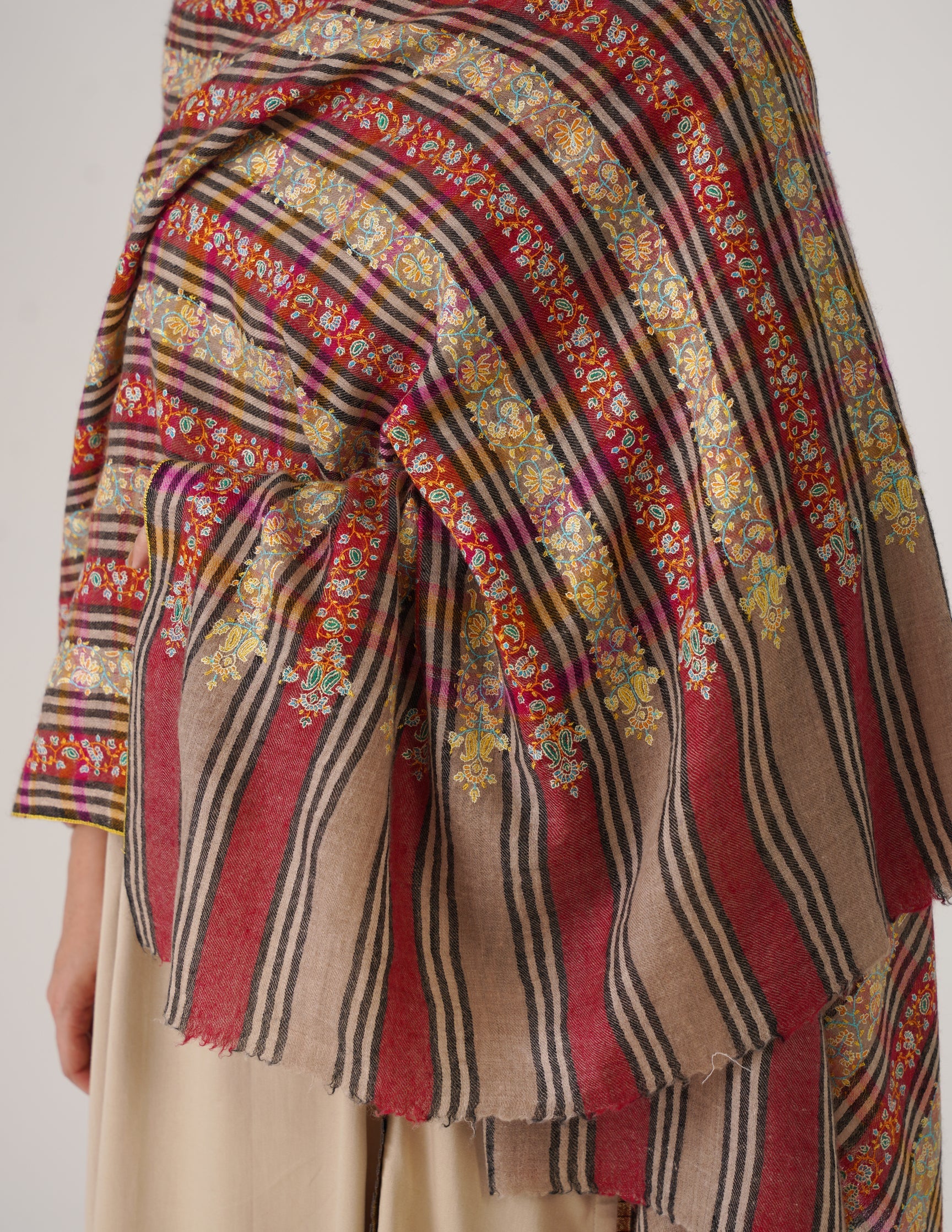 Kashmiri Handwoven Pashmina Sozni Stole Striped Khatiraas – Multicoloured | Handwoven Heritage