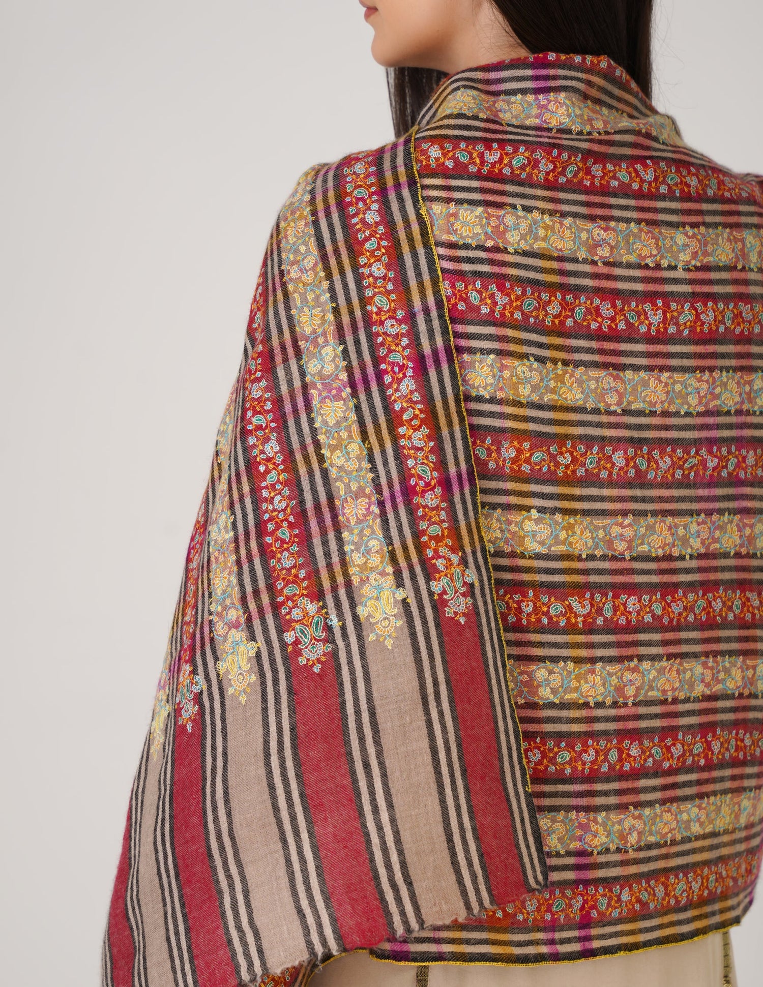Kashmiri Handwoven Pashmina Sozni Stole Striped Khatiraas – Multicoloured | Handwoven Heritage
