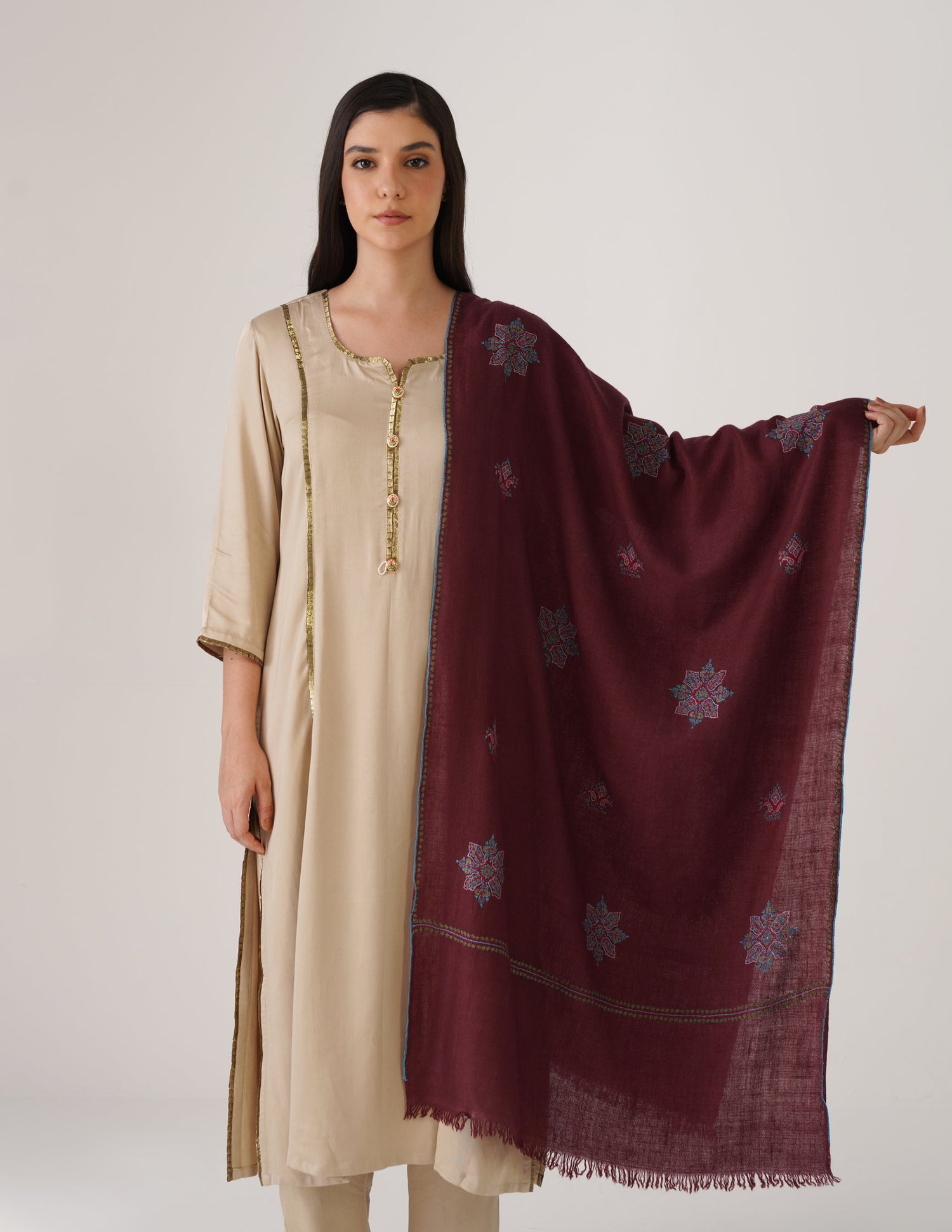 Kashmiri Handwoven Pashmina Sozni Stole Bootidar – Grape Wine | Handwoven Heritage - Kashmir Box