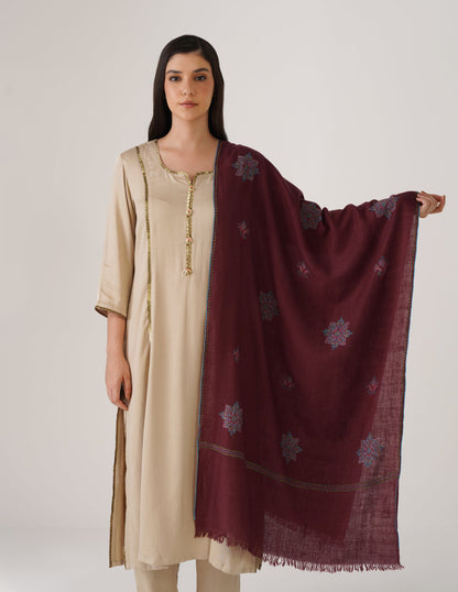 Kashmiri Handwoven Pashmina Sozni Stole Bootidar – Grape Wine | Handwoven Heritage - Kashmir Box