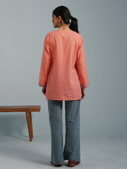 Peach Kashmiri Aari Embroidered Rayon Kurta