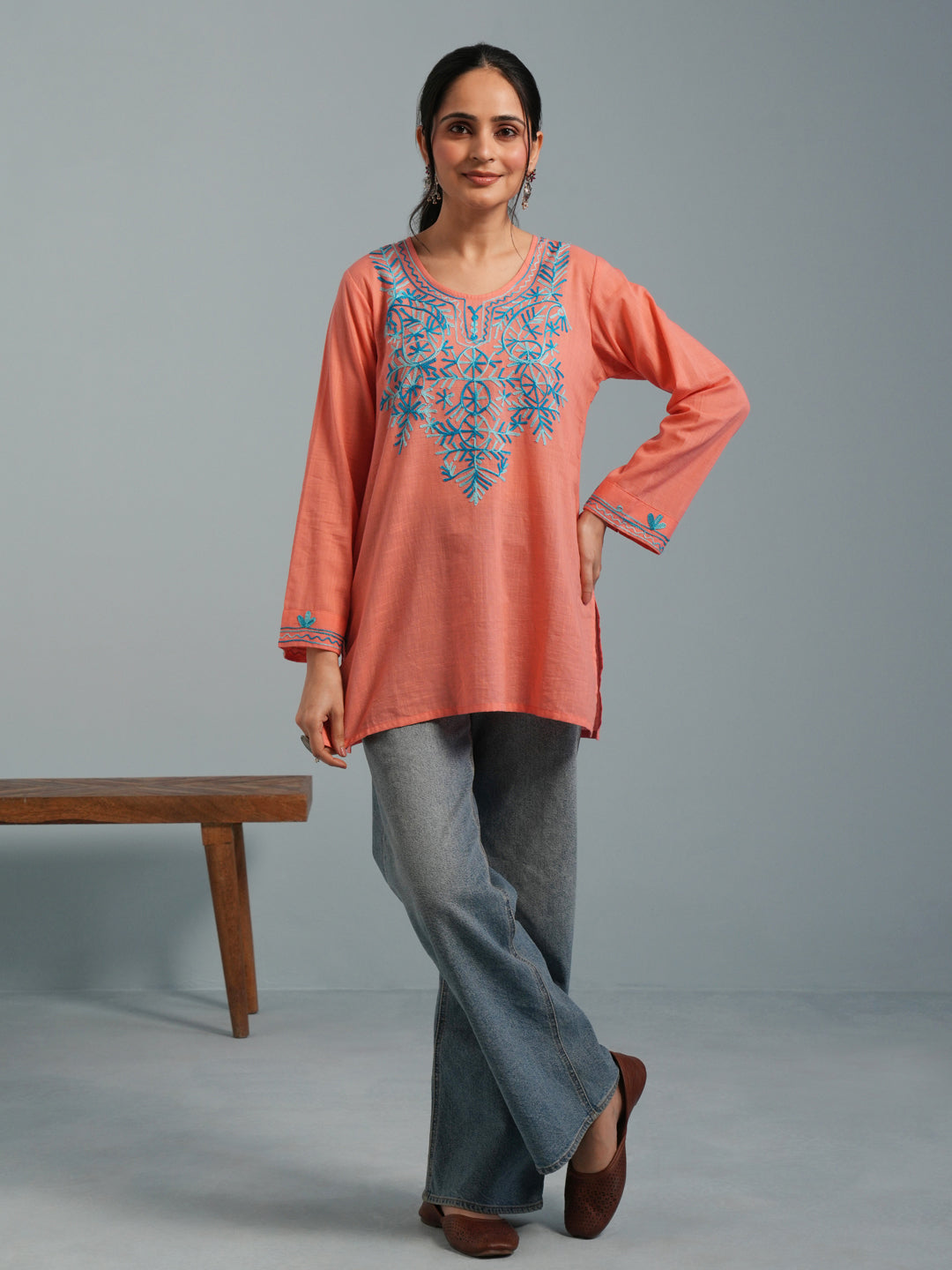 Peach Kashmiri Aari Embroidered Rayon Kurta