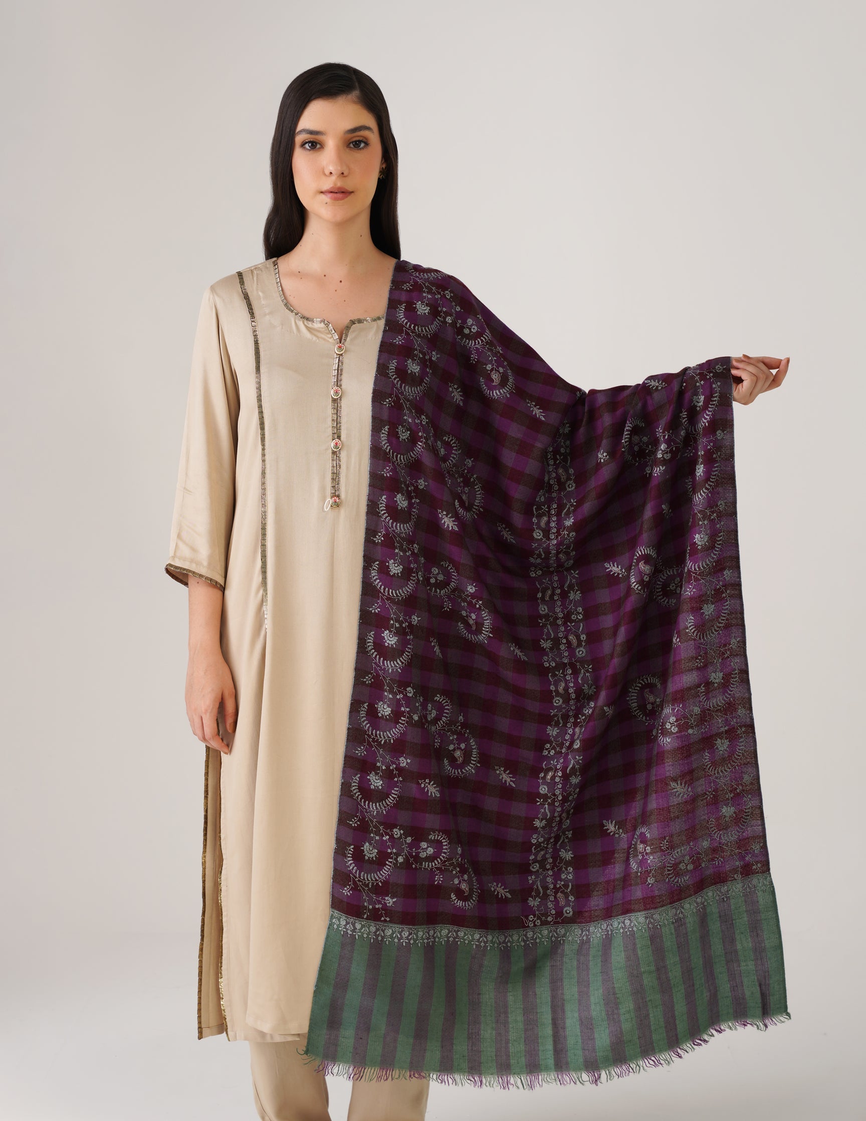 Kashmiri Handwoven Pashmina Sozni Stole Striped Modern – Green &amp; Purple | Handwoven Heritage