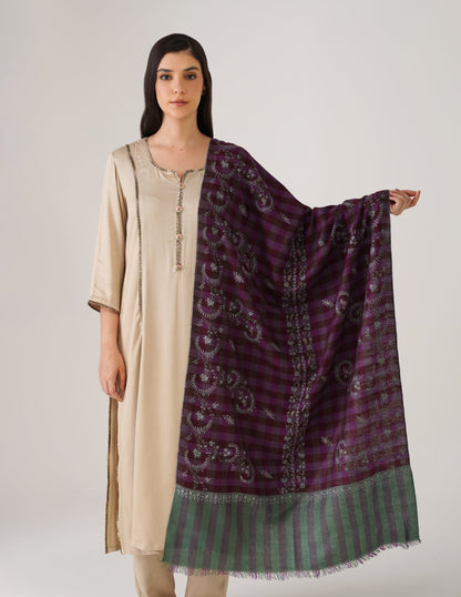 Kashmiri Handwoven Pashmina Sozni Stole Striped Modern – Green &amp; Purple | Handwoven Heritage