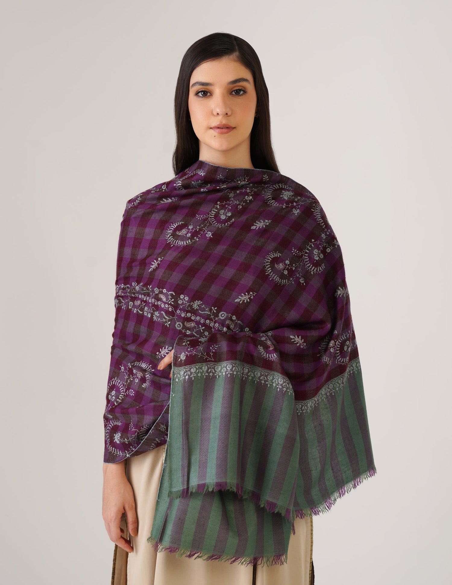 Kashmiri Handwoven Pashmina Sozni Stole Striped Modern – Green &amp; Purple | Handwoven Heritage
