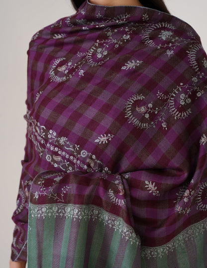 Kashmiri Handwoven Pashmina Sozni Stole Striped Modern – Green &amp; Purple | Handwoven Heritage