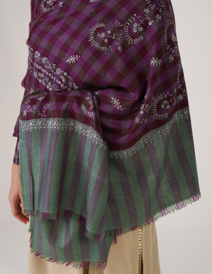 Kashmiri Handwoven Pashmina Sozni Stole Striped Modern – Green &amp; Purple | Handwoven Heritage