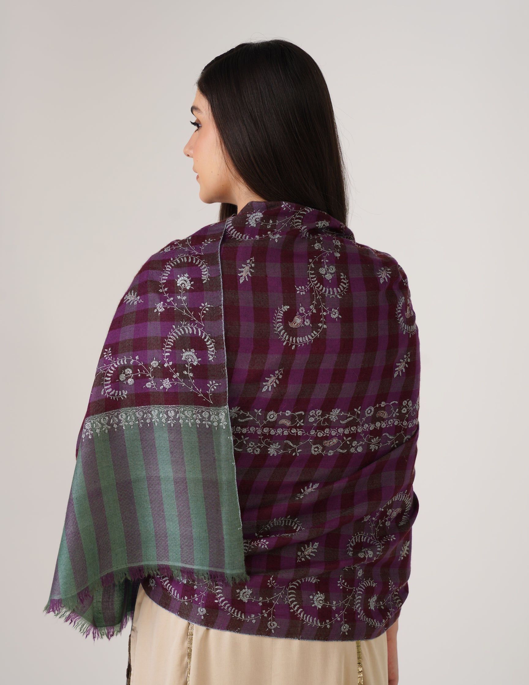 Kashmiri Handwoven Pashmina Sozni Stole Striped Modern – Green &amp; Purple | Handwoven Heritage