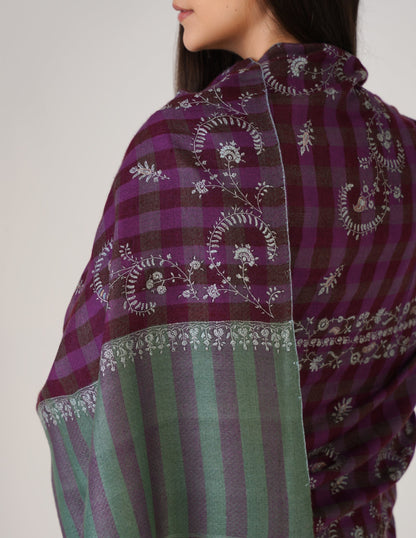 Kashmiri Handwoven Pashmina Sozni Stole Striped Modern – Green &amp; Purple | Handwoven Heritage