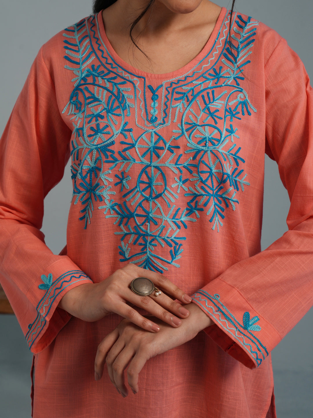 Peach Kashmiri Aari Embroidered Rayon Kurta