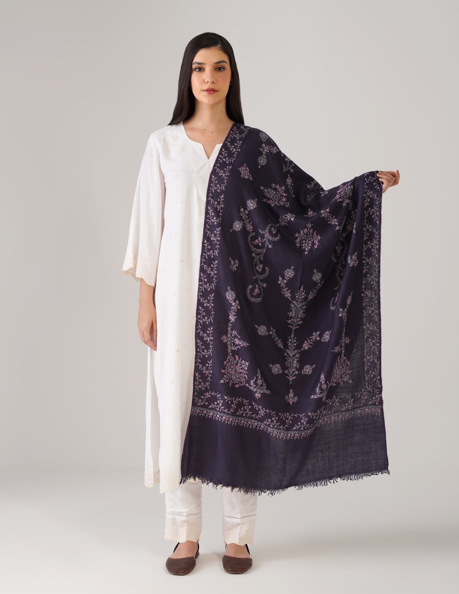 Kashmiri Handwoven Pashmina Sozni Stole Modern Design – Charcoal Grayish Blue | Handwoven Heritage - Kashmir Box