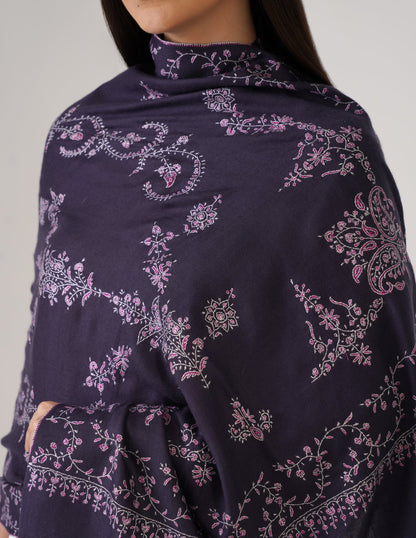 Kashmiri Handwoven Pashmina Sozni Stole Modern Design – Charcoal Grayish Blue | Handwoven Heritage - Kashmir Box