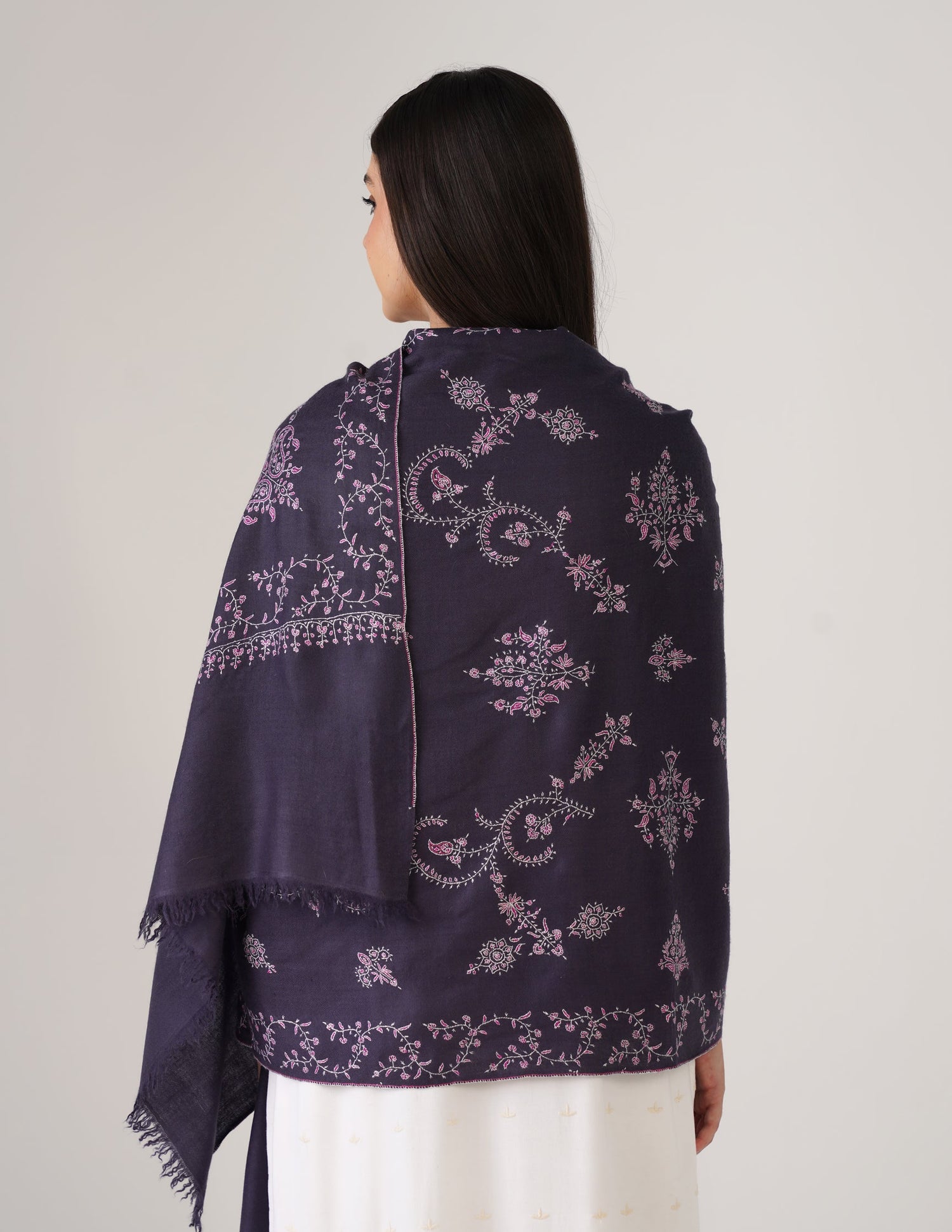 Kashmiri Handwoven Pashmina Sozni Stole Modern Design – Charcoal Grayish Blue | Handwoven Heritage - Kashmir Box