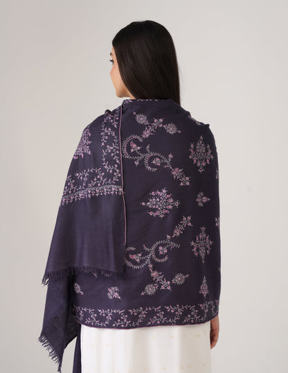 Kashmiri Handwoven Pashmina Sozni Stole Modern Design – Charcoal Grayish Blue | Handwoven Heritage - Kashmir Box