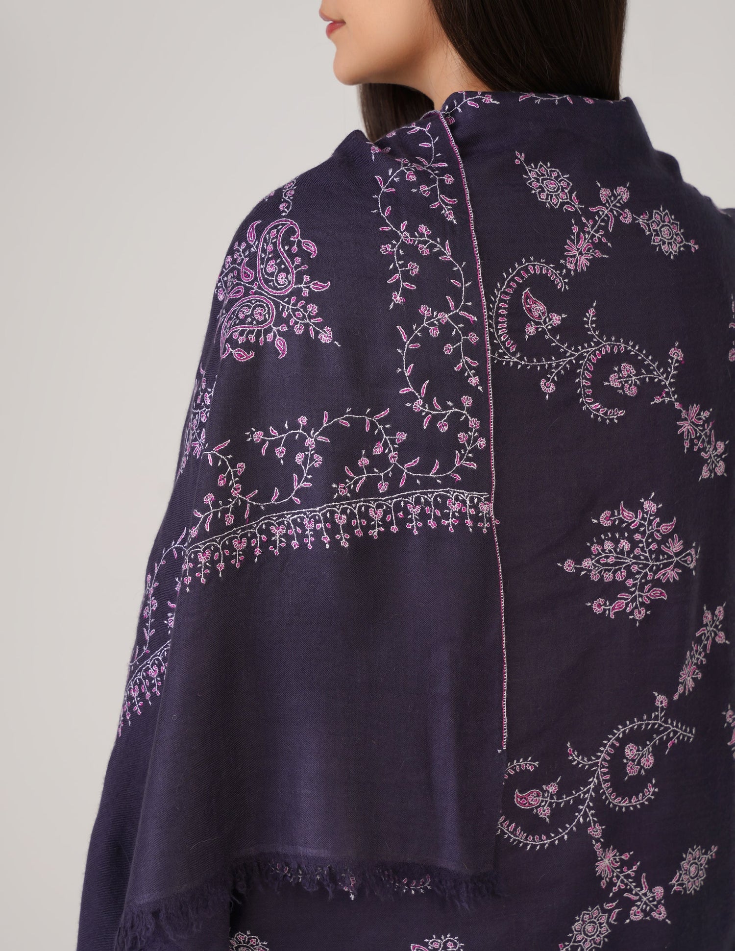 Kashmiri Handwoven Pashmina Sozni Stole Modern Design – Charcoal Grayish Blue | Handwoven Heritage - Kashmir Box