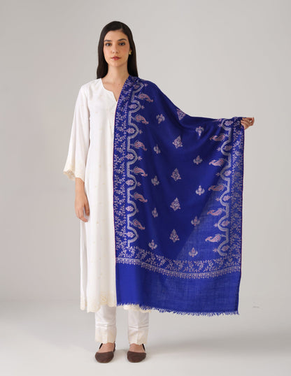 Kashmiri Handwoven Pashmina Sozni Stole Modern Design – Royal Blue | Handwoven Heritage