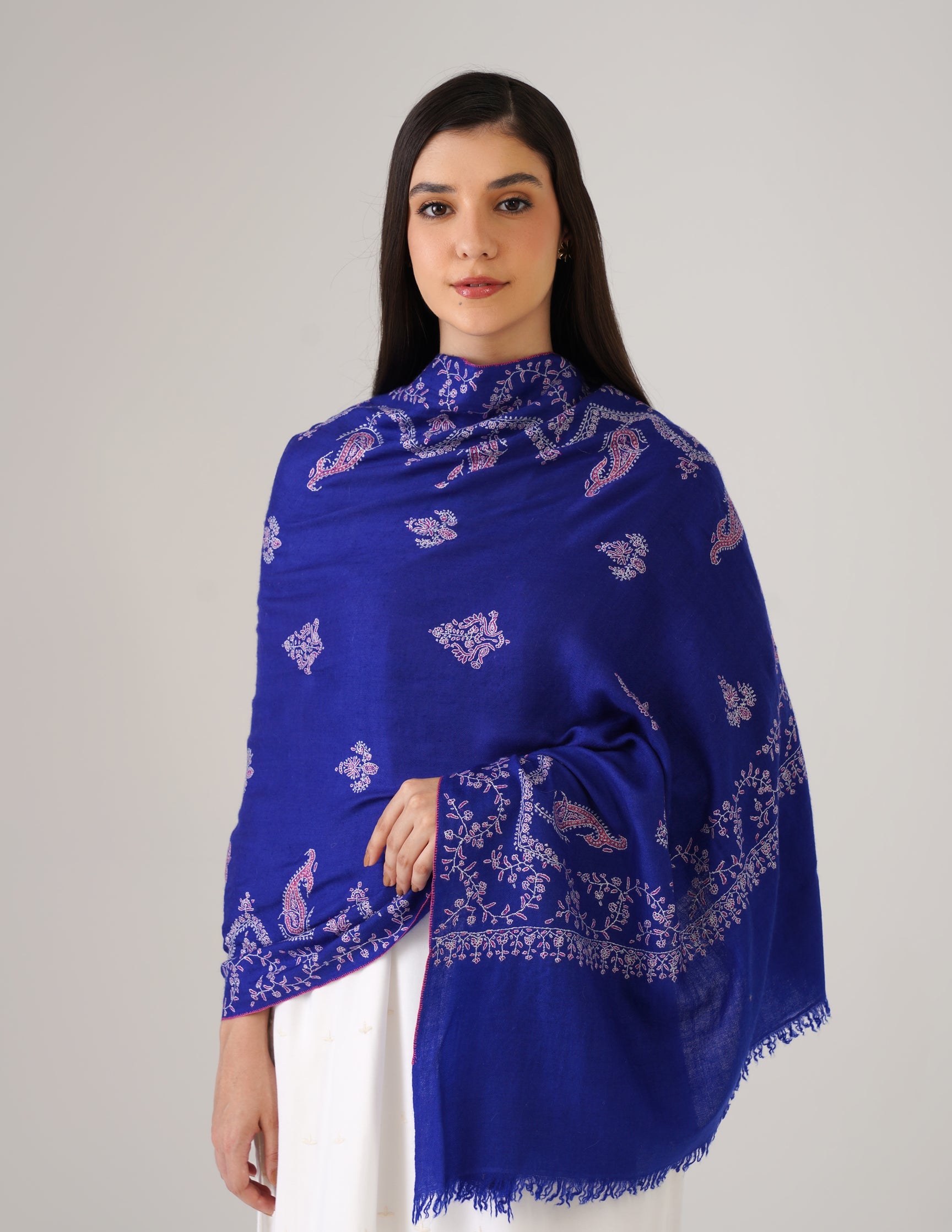 Kashmiri Handwoven Pashmina Sozni Stole Modern Design – Royal Blue | Handwoven Heritage