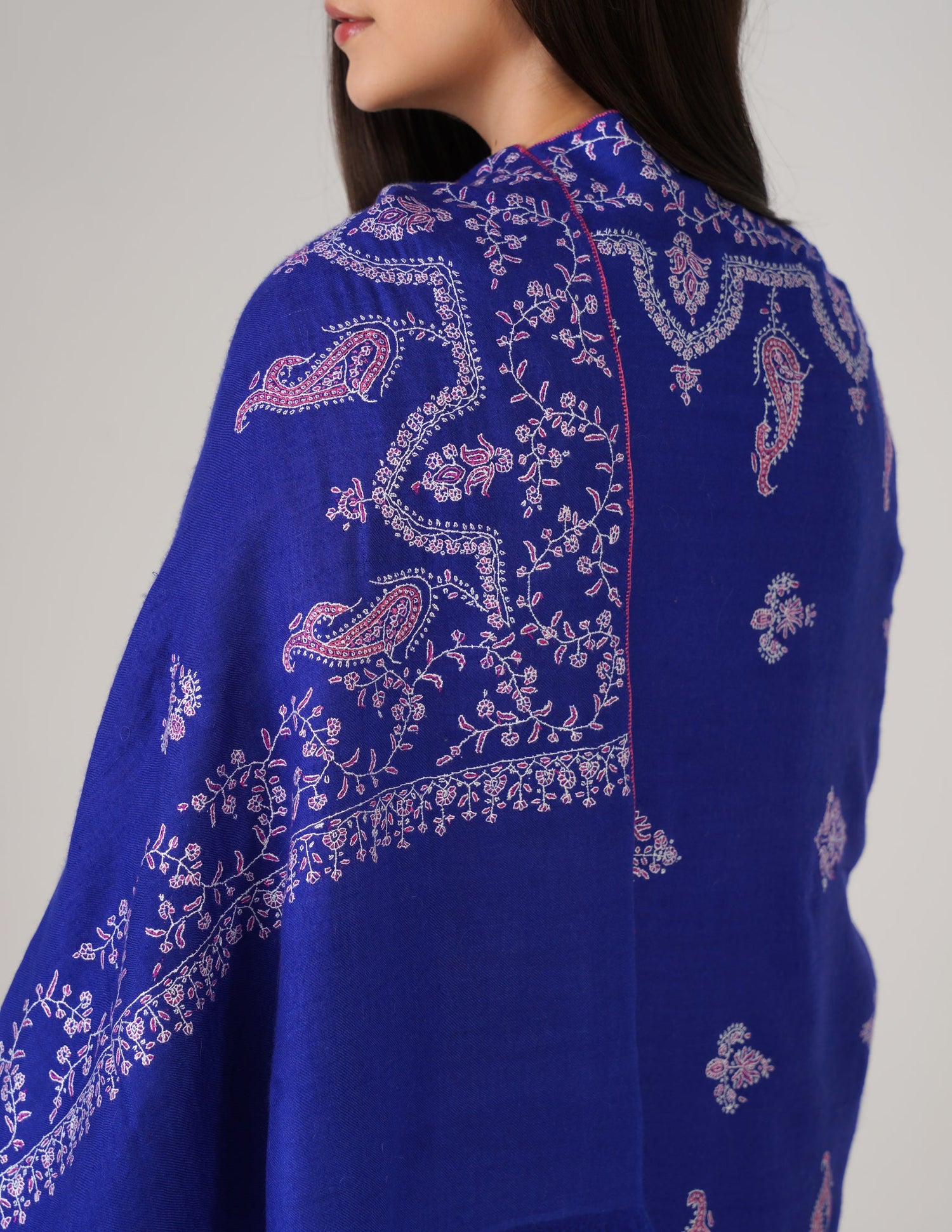 Kashmiri Handwoven Pashmina Sozni Stole Modern Design – Royal Blue | Handwoven Heritage