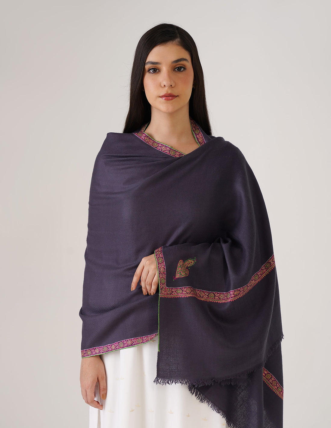 Kashmiri Handwoven Pashmina Sozni Stole Hashidaar – Dark Bluish Grey | GI Certified | Handwoven Heritage