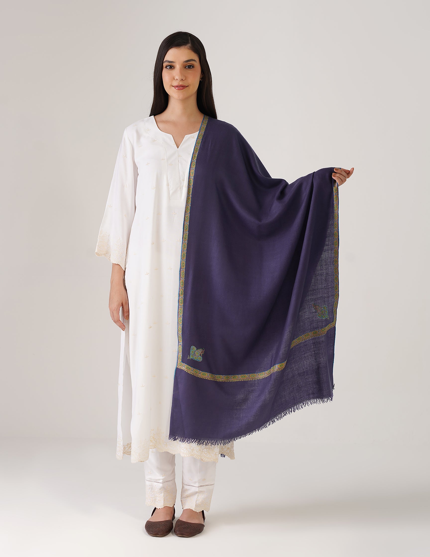 Kashmiri Handwoven Pashmina Sozni Stole Hashidaar – Estate Blue | GI Certified | Handwoven Heritage