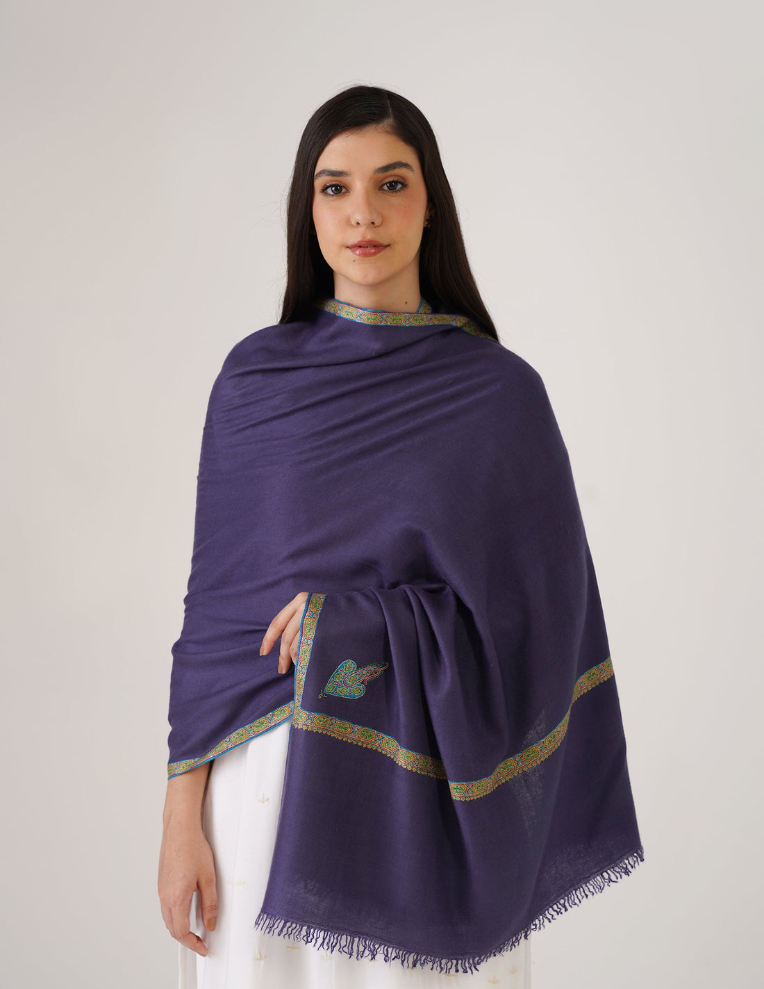 Kashmiri Handwoven Pashmina Sozni Stole Hashidaar – Estate Blue | GI Certified | Handwoven Heritage