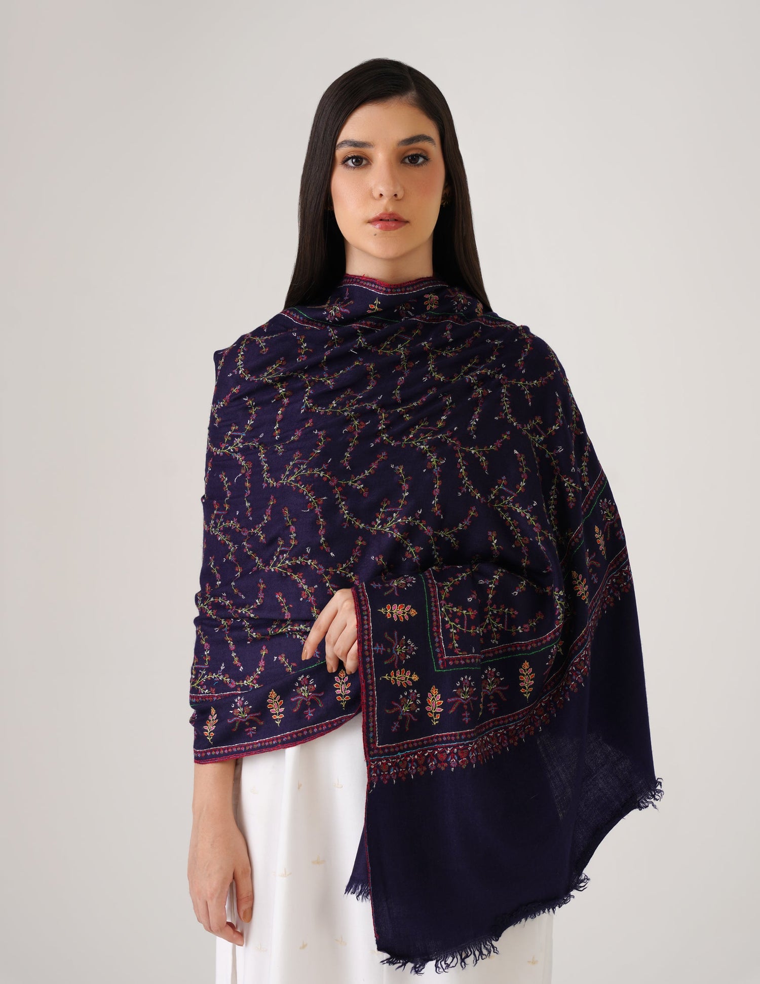 Kashmiri Handwoven Pashmina Sozni Stole Jaalidar Modern – Navy Blue | Handwoven Heritage