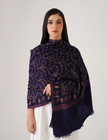 Kashmiri Handwoven Pashmina Sozni Stole Jaalidar Modern – Navy Blue | Handwoven Heritage