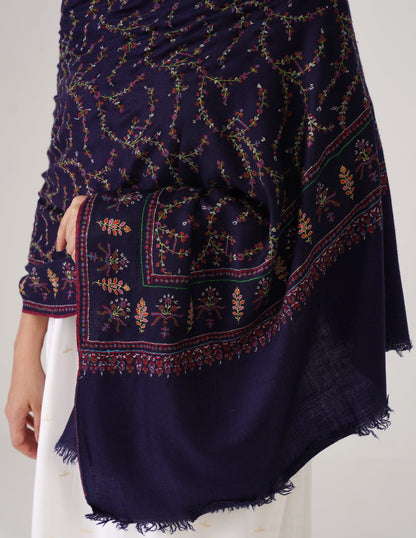 Kashmiri Handwoven Pashmina Sozni Stole Jaalidar Modern – Navy Blue | Handwoven Heritage