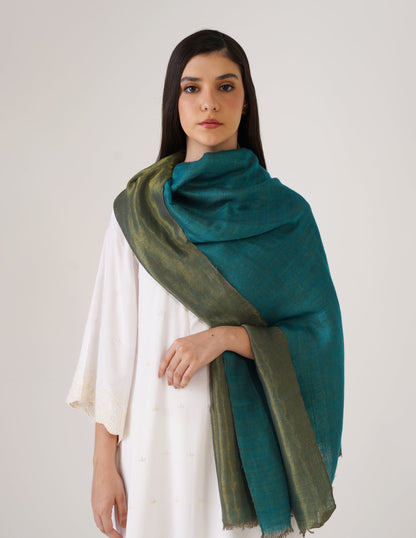 Kashmiri Handwoven Pashmina Reversible Stole – Turkish Blue &amp; Metallic Golden | Handwoven Heritage