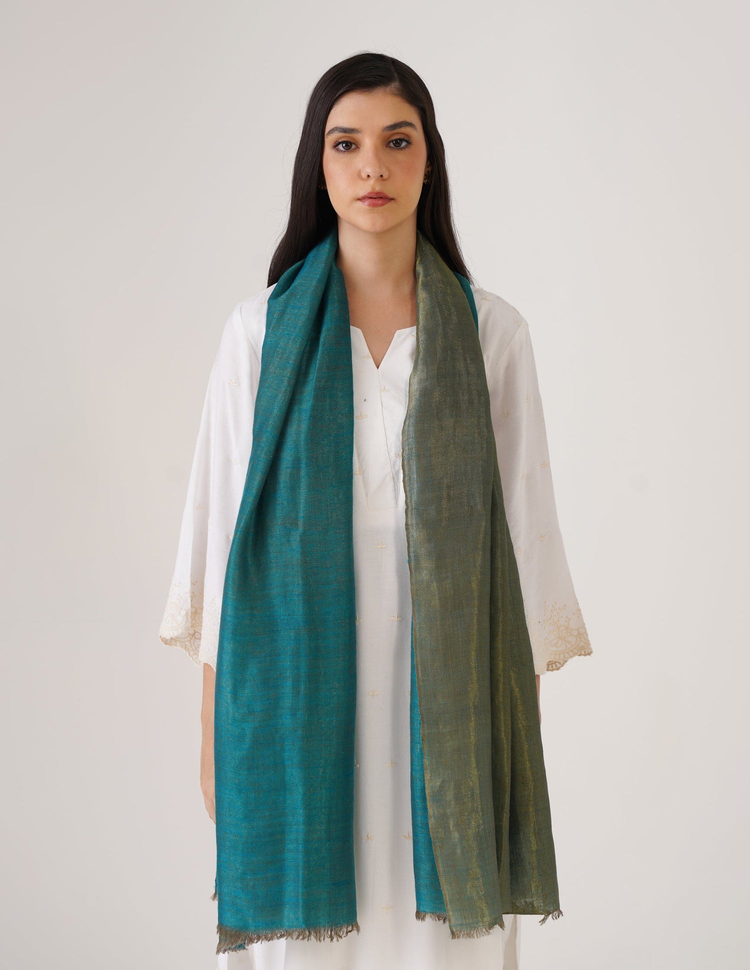 Kashmiri Handwoven Pashmina Reversible Stole – Turkish Blue &amp; Metallic Golden | Handwoven Heritage