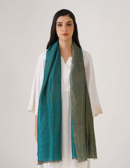 Kashmiri Handwoven Pashmina Reversible Stole – Turkish Blue &amp; Metallic Golden | Handwoven Heritage