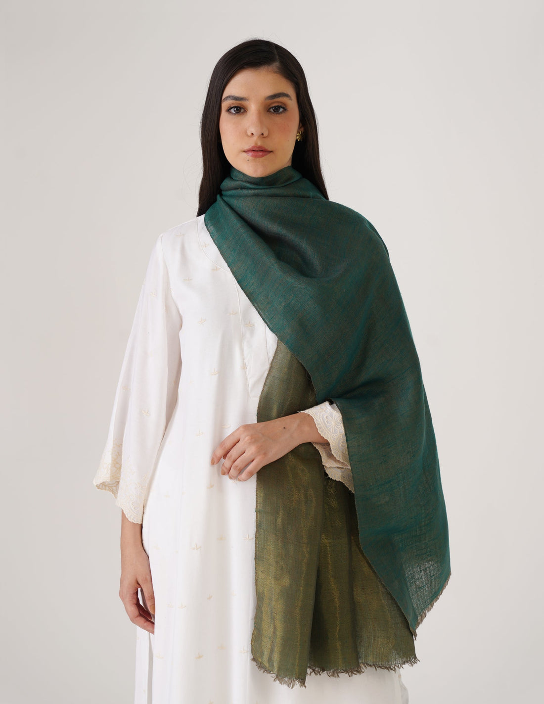 Kashmiri Handwoven Pashmina Reversible Stole – Green &amp; Metallic Golden | Handwoven Heritage